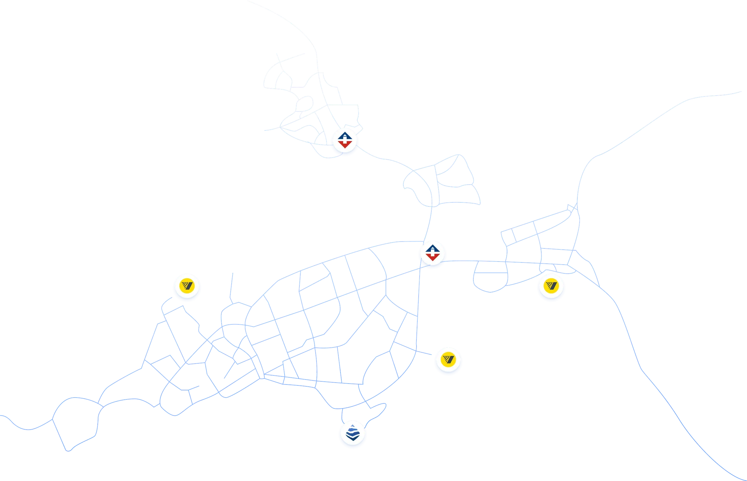 A map of a town and its road network with project markers