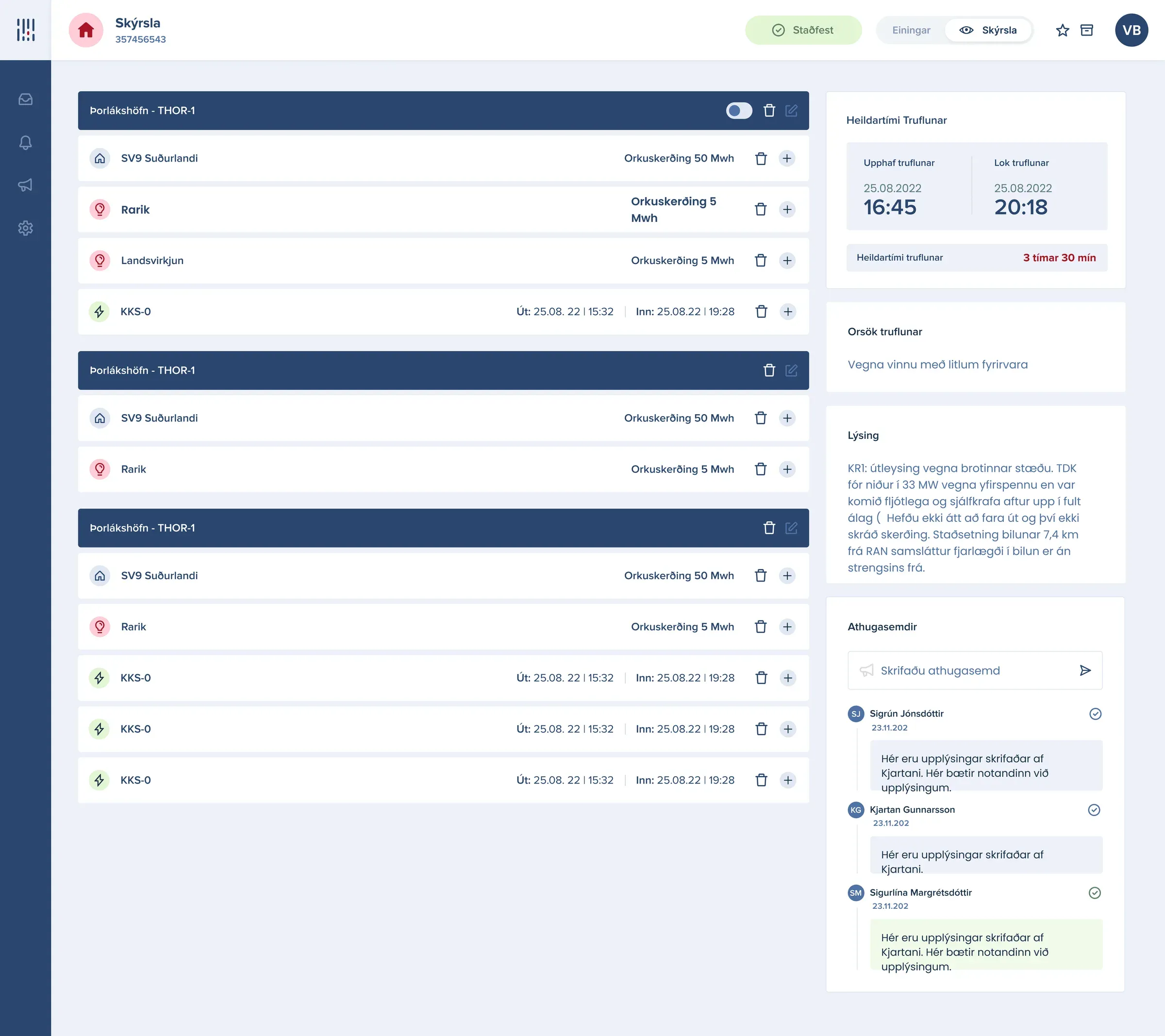 The finished design: the disruption list with a detail panel