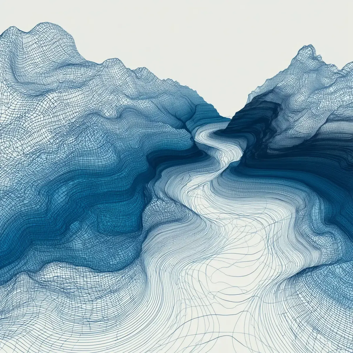 A river of contour lines through terrain